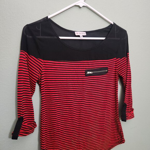Guess Women Red Black Stripes With Sheer Top Combination Size S - Picture 5 of 6